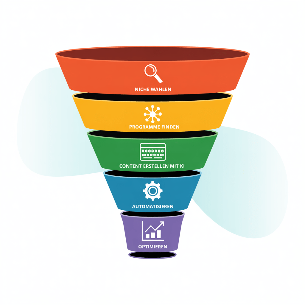 Affiliate Marketing mit KI: So startest du dein Online-Business! 7 Grafik eines fünfstufigen Affiliate-Business-Funnels mit Nische wählen, Programme finden, Content erstellen, automatisieren, optimieren