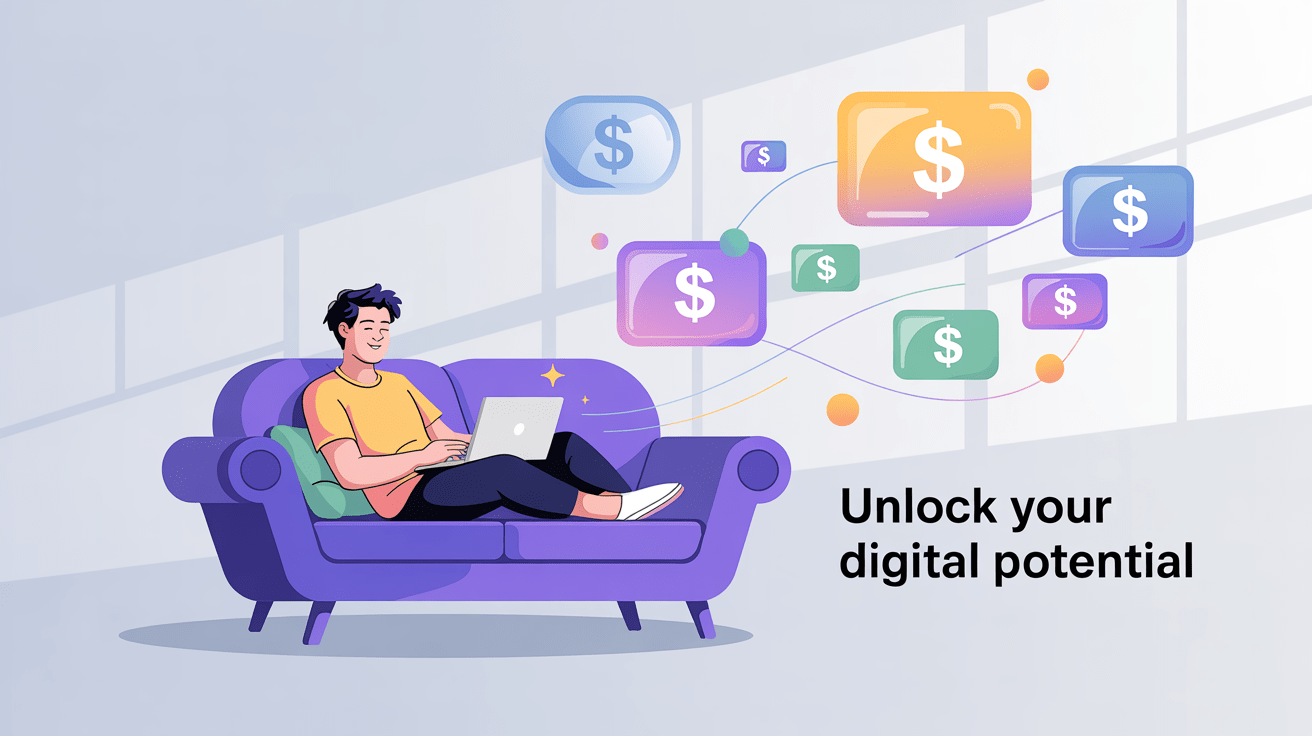 Affiliate Marketing mit KI: So startest du dein Online-Business! 5 Junge Person sitzt entspannt auf Sofa mit Laptop, umgeben von Dollarzeichen und KI-Symbolen, Symbolbild für Affiliate Marketing mit KI