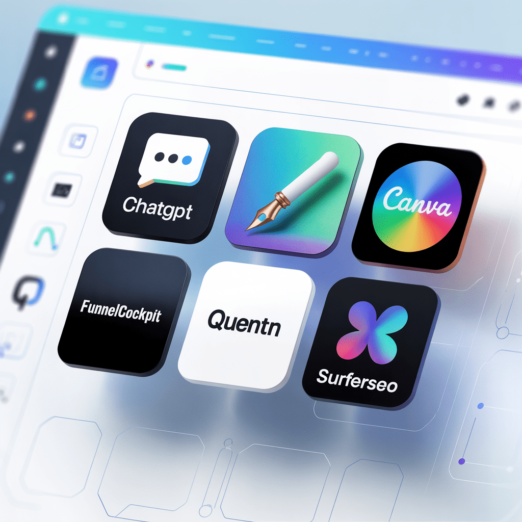 Affiliate Marketing mit KI: So startest du dein Online-Business! 6 Collage beliebter KI-Tools für Affiliate Marketing wie ChatGPT, Jasper, Canva, FunnelCockpit, Quentn und SurferSEO